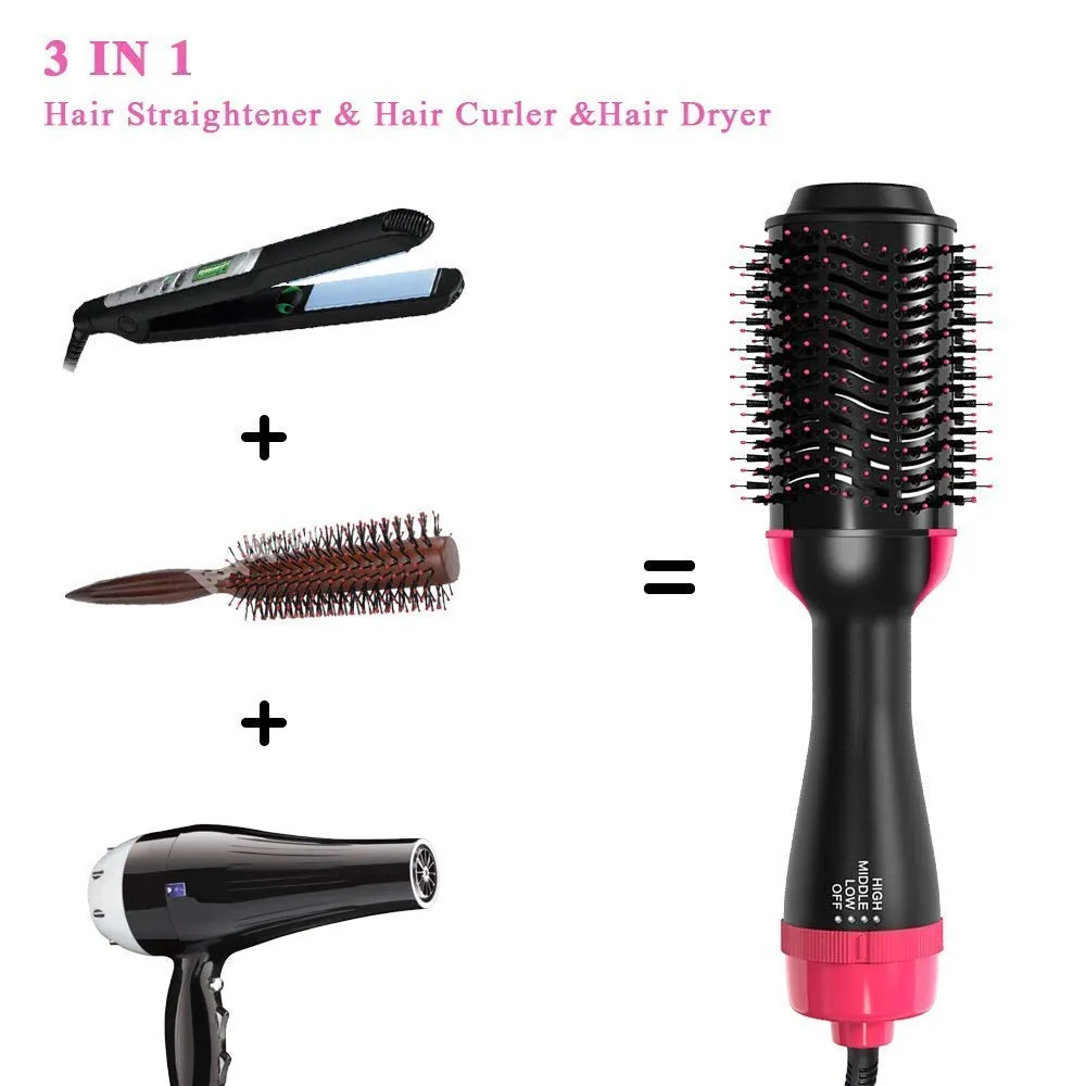 One Step Hair Dryer and Volumizer, Hot Air Brush, 3 in1 Styling Brush Styler, Negative Ion Hair Straightener Curler Brush for All Hairstyle, Black