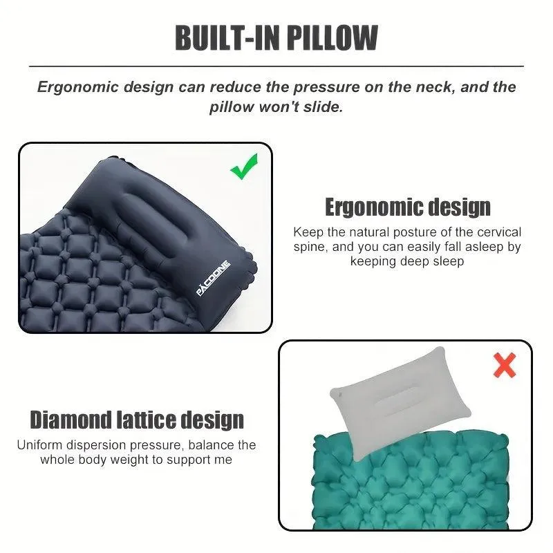 Outdoor Camping Inflatable Mattress Sleeping Pad with Pillows Ultralight Air Mat Built in Inflator Pump Hiking