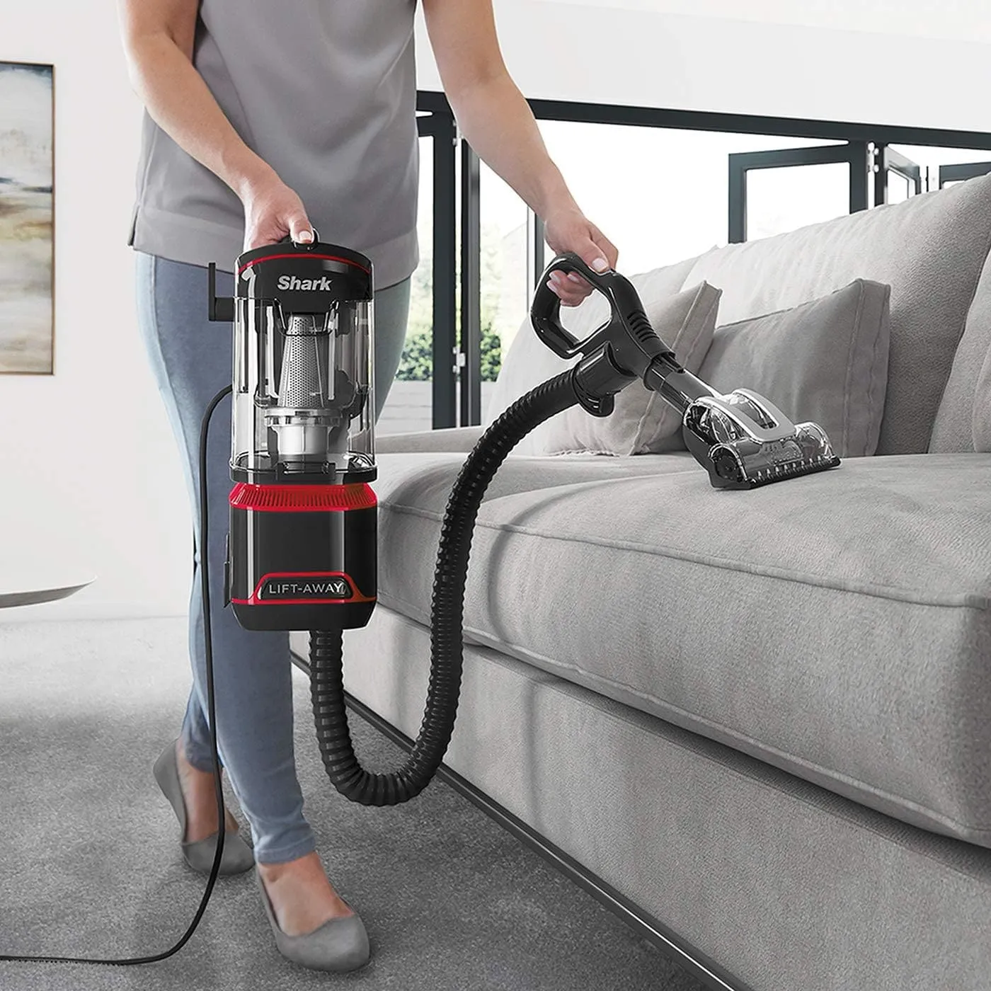 Shark NV602UKT Corded Upright Vacuum Cleaner, 1.1L, Lift-Away, Pet Model, Anti-Allergen, LED Headlights, 750W, 8m Cord, Red/Black