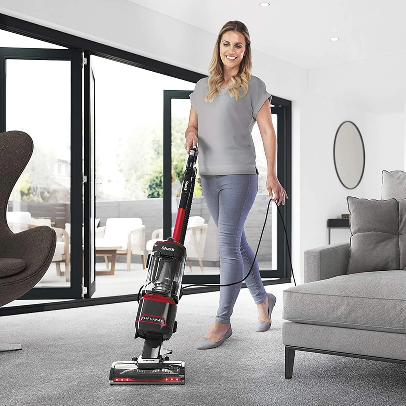 Shark NV602UKT Corded Upright Vacuum Cleaner, 1.1L, Lift-Away, Pet Model, Anti-Allergen, LED Headlights, 750W, 8m Cord, Red/Black