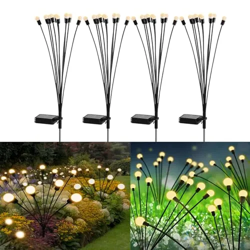 SHUKAN 4 Pack 10LED Solar Firefly Lights, Upgraded Solar Garden Lights Outdoor IP65 Waterproof, Swaying When Wind Blows, Solar Swaying Light for Yard Patio Pathway Decoration (Warm White)