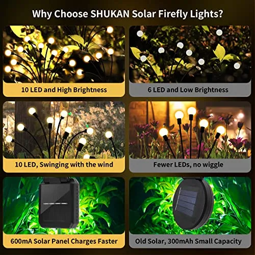 SHUKAN 4 Pack 10LED Solar Firefly Lights, Upgraded Solar Garden Lights Outdoor IP65 Waterproof, Swaying When Wind Blows, Solar Swaying Light for Yard Patio Pathway Decoration (Warm White)