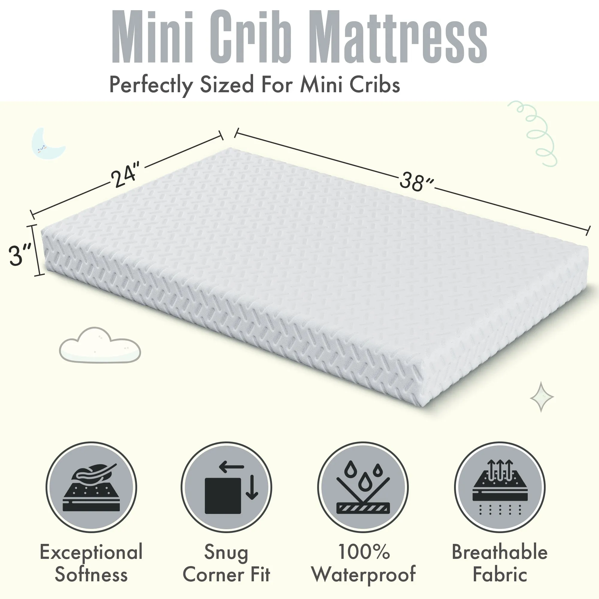 Sleepah Mini Crib Mattress Ventilated Memory Foam - Breathable Waterproof Soft Fabric 38x24x3” -Dual Sided for Babies & Toddlers – Certipur Certified Foam