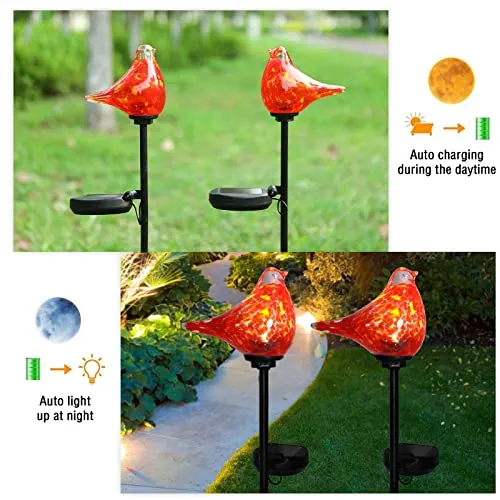 Solar Garden Lights Outdoor Decorative - Cardinal Solar Garden Stake Lights Handblown Glass Garden Stake Decorative Solar Pathway Lights for Garden, Lawn, Patio, Yard(2 Pack)