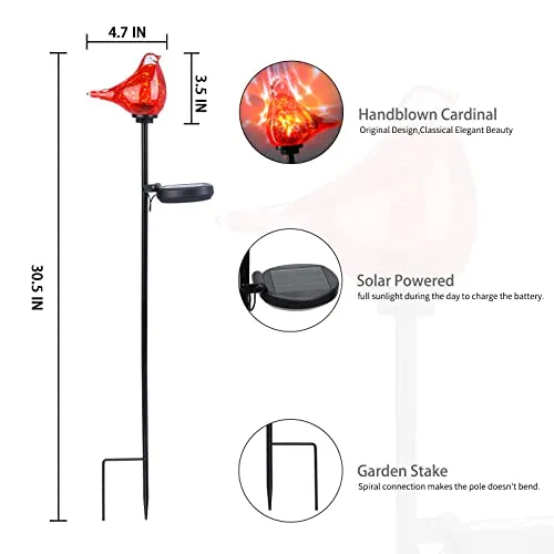 Solar Garden Lights Outdoor Decorative - Cardinal Solar Garden Stake Lights Handblown Glass Garden Stake Decorative Solar Pathway Lights for Garden, Lawn, Patio, Yard(2 Pack)