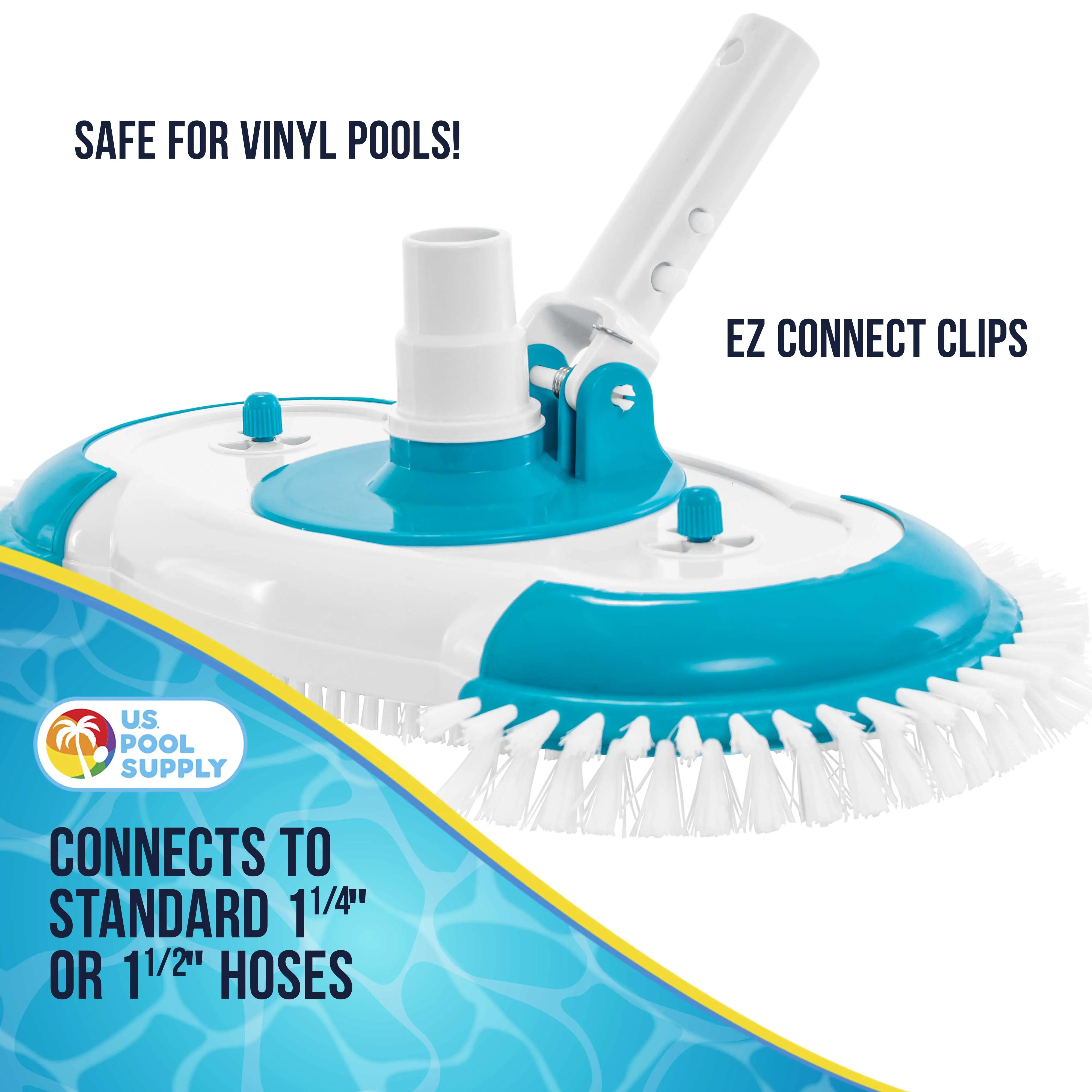 U.S. Pool Supply® 16" Weighted Pool Vacuum Head with Nylon Side Bristles, Swivel Hose Connection, EZ Clip Handle - Connect 1-1/4", 1-1/2" Hose - Cleans & Remove Debris